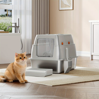 Stainless Steel Litter Tray with Lid, Enclosed Litter Box, Hinged Lid for Easy Cleaning, Includes Pedal And Scoop, Modular Design, 61L X 41W X 40H Cm, Light Grey