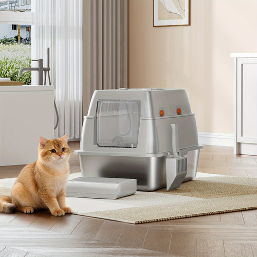 Stainless Steel Litter Tray with Lid, Enclosed Litter Box, Hinged Lid for Easy Cleaning, Includes Pedal And Scoop, Modular Design, 61L X 41W X 40H Cm, Light Grey