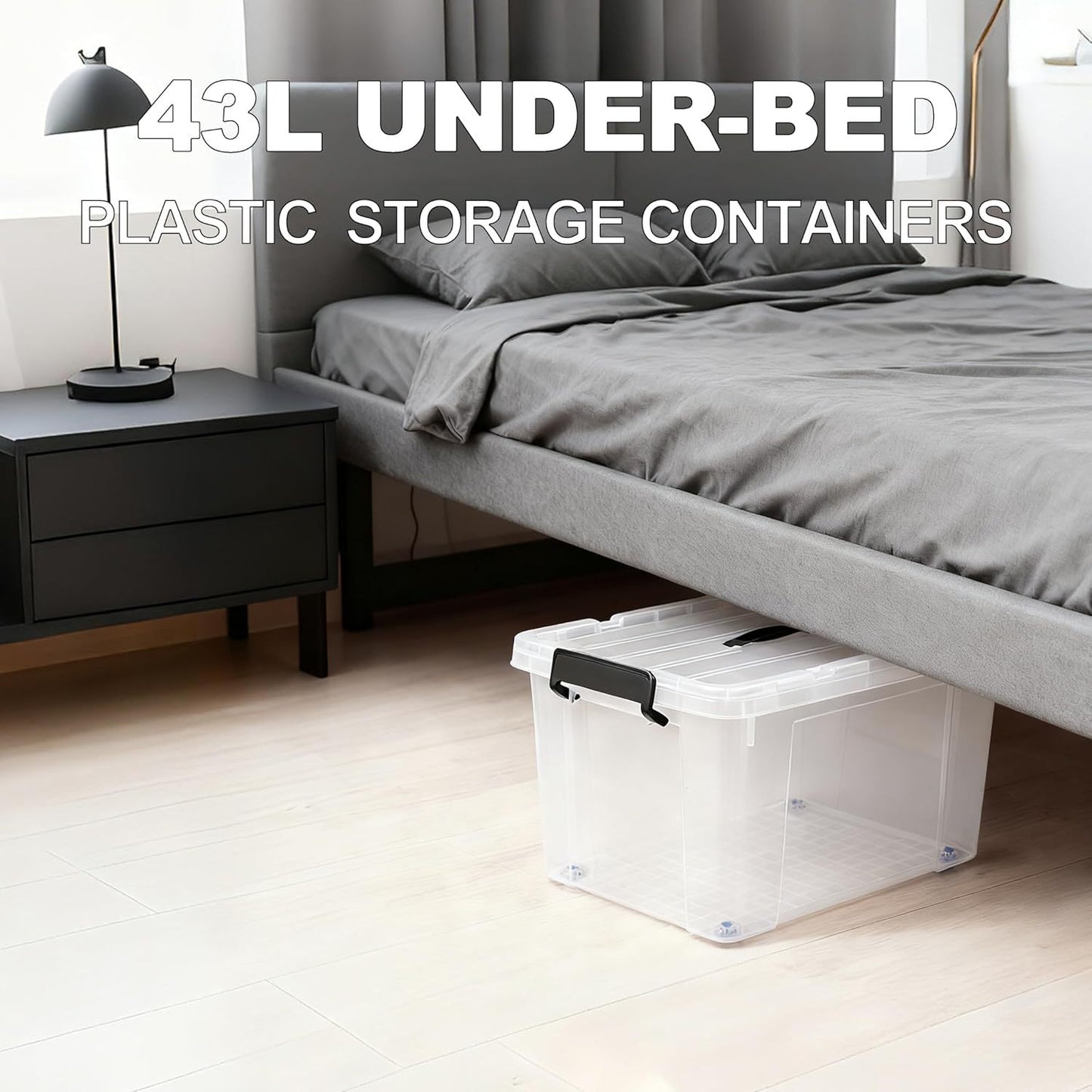 3‑Pack Clear 43L Storage Boxes with Lids & Wheels – Stackable Plastic Containers with Secure Clips and Integrated Handles for Home, Bedroom, Office & Kitchen Organisation