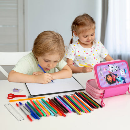 Gabby's Dollhouse 3 Tier Large Pencil Case Multi Compartment School Supplies Stationery Colouring Pens Pencils Sets