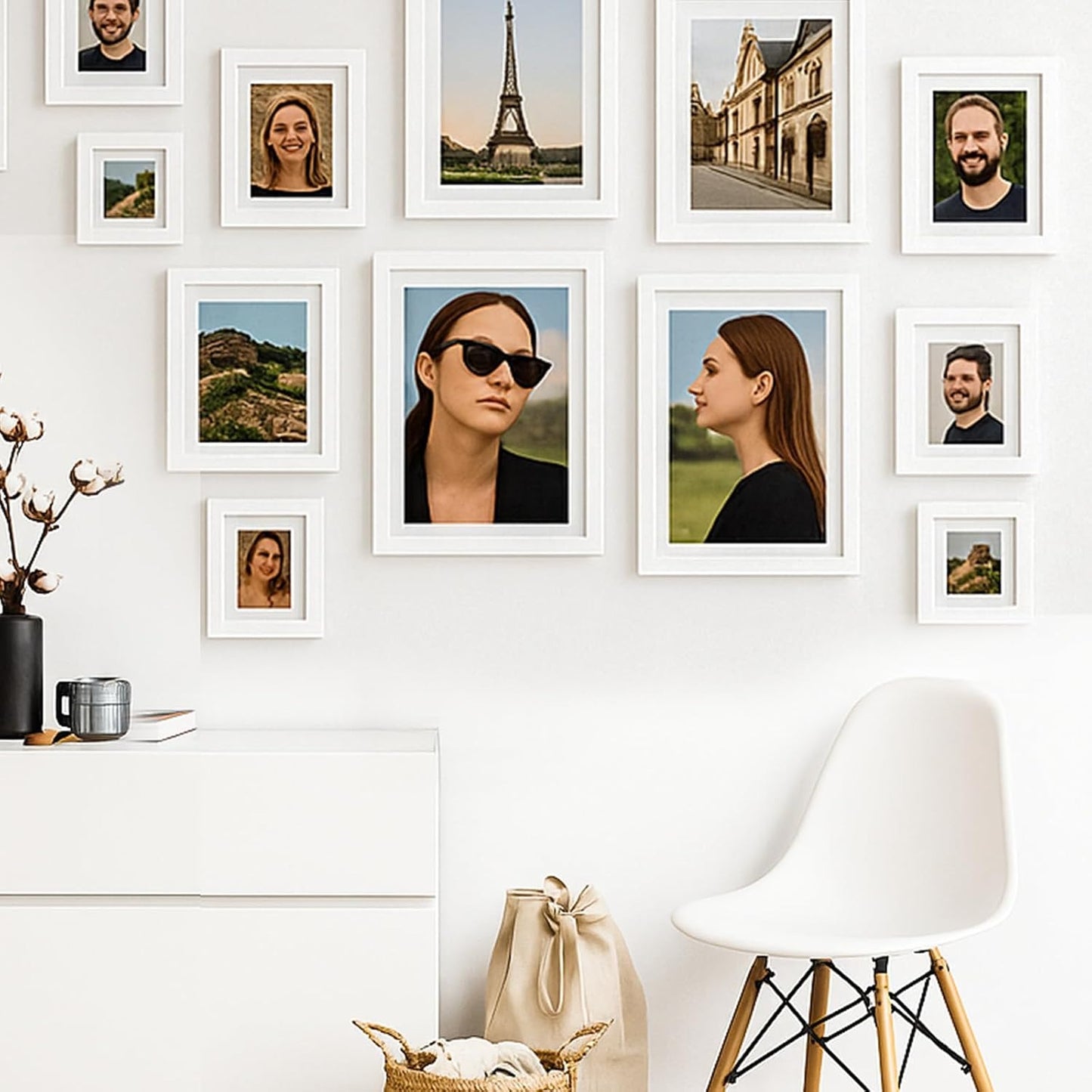 19 Pcs Wooden Photo Frame Set, Multi Size Picture Frames with Stand & Wall Hooks, Tabletop or Wall Mounted Display
