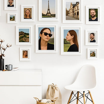 19 Pcs Wooden Photo Frame Set, Multi Size Picture Frames with Stand & Wall Hooks, Tabletop or Wall Mounted Display