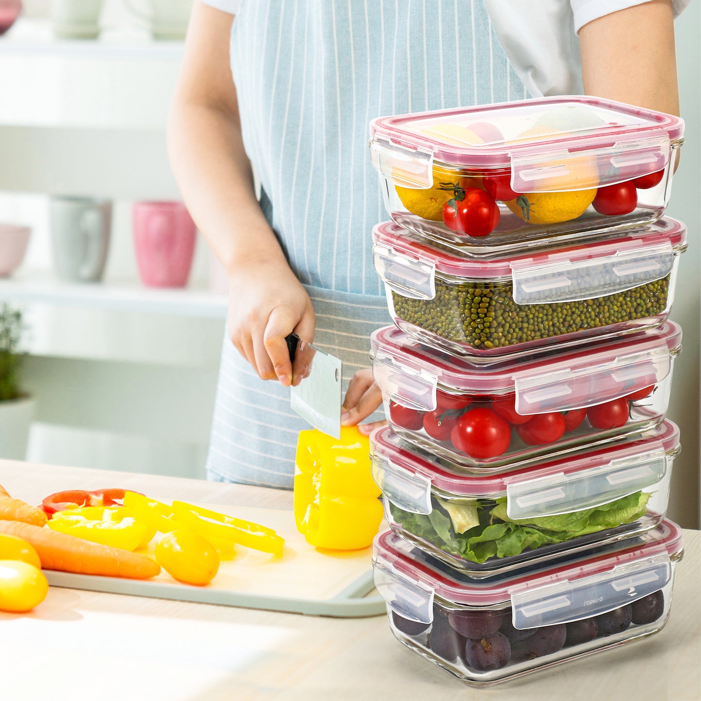 Vinsani Glass Food Storage 5 Pack 840ML Containers Rectangle Food Meal Prep Lunch Boxes with Lids Airtight Heat Resistant Leakproof Lid BPA-Free Dishwasher Microwave Freezer Safe
