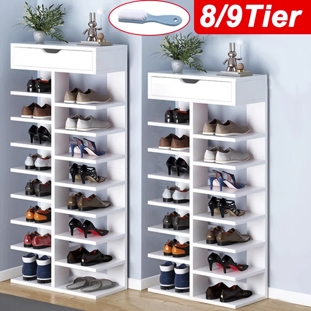 8/9-Tier Heavy-Duty Tall Shoe Rack Cabinet with Drawer, Space-Saving Vertical Shoe Organizer, Narrow Entryway/Bedroom/Office Storage, for Hallway, Closet, Apartment, Bedroom Organization