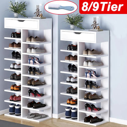8/9-Tier Heavy-Duty Tall Shoe Rack Cabinet with Drawer, Space-Saving Vertical Shoe Organizer, Narrow Entryway/Bedroom/Office Storage, for Hallway, Closet, Apartment, Bedroom Organization