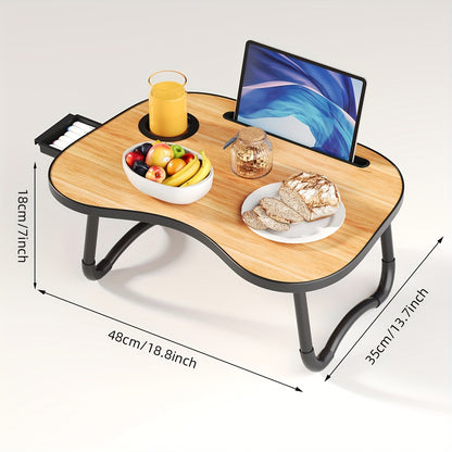 Foldable Adjustable Bed Table with Liftable Tabletop & Cup Holder - Wood Suitable for Home Office Desk, Breakfast Tray, Laptop Desk for Bed, Space-Saving Foldable Leg Table for Small Spaces, Dorm, for Watching Movies in Bed