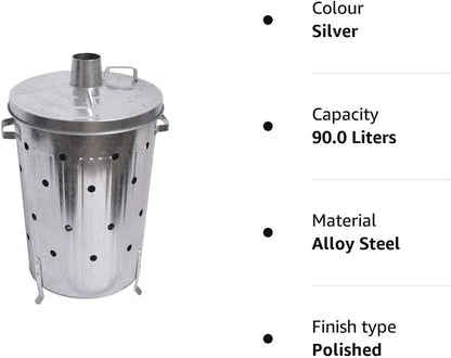 90 Litre Extra Large 90L Galvanised Metal Incinerator Recycle Garden Rubbish Fire Wood Burner Burning Leaves