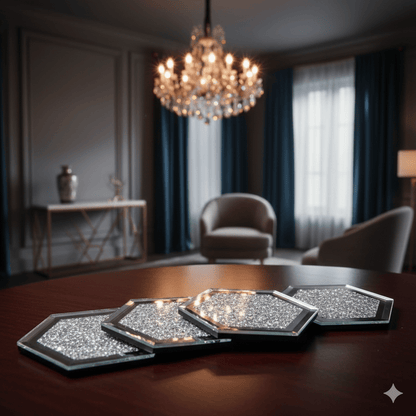 Serena's® Set of 4 Crystal Coasters – 10cm Glass Mirrored Drink Coasters with Glitter Crushed Diamond Design – Elegant Coasters for Home, Kitchen, Bar, or Table Decoration