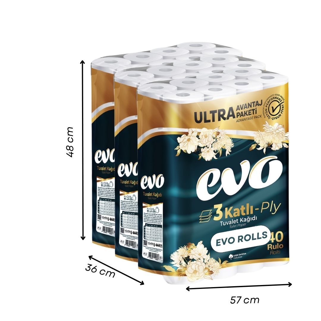 Evo 120x Luxury Toilet Rolls 3ply, Ultra Advantage Pack,and Recyclable Wipes Set Pack Disposable