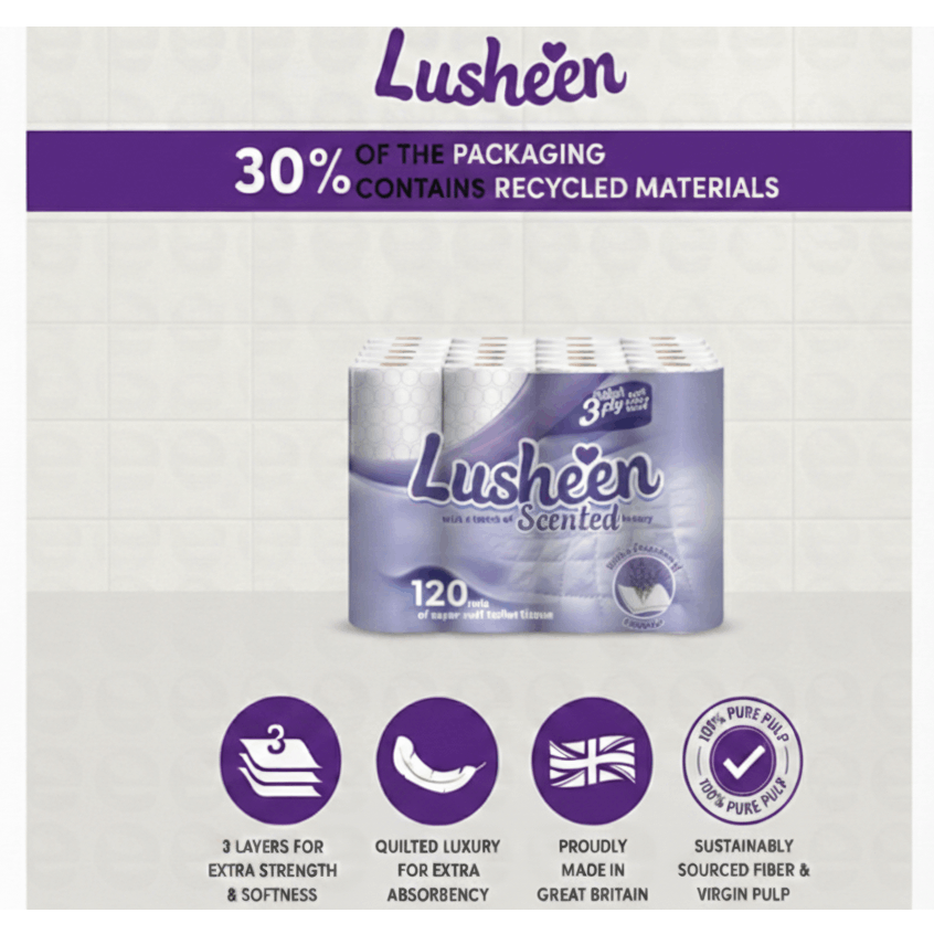 Lusheen Lavender 3-Ply Toilet Roll – 120 Rolls Bulk Pack (150 Sheets/Roll) – Premium Quilted, Scented & Ultra-Soft Toilet Paper
