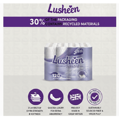Lusheen Lavender 3-Ply Toilet Roll – 120 Rolls Bulk Pack (150 Sheets/Roll) – Premium Quilted, Scented & Ultra-Soft Toilet Paper