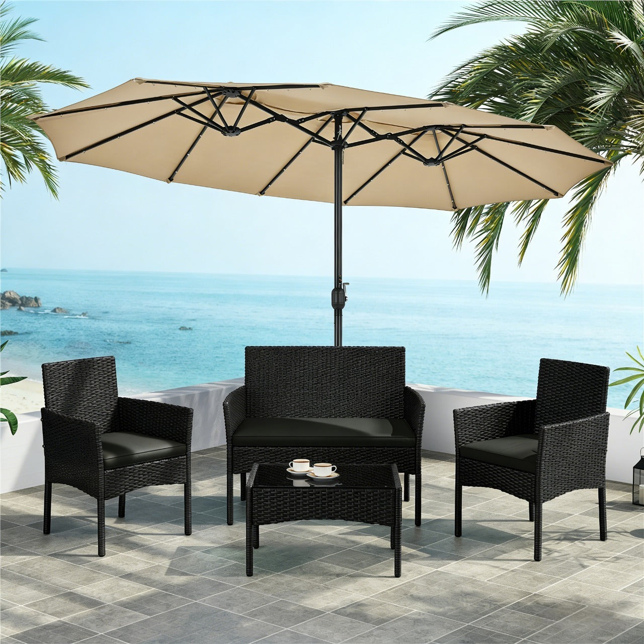Costoffs Set of 4 Reception Set Outdoor, Garden Table & Sofa Set, Conversation Furniture Set with 2-Seat Sofa, 2 Single Sofa and 1 Coffee Table