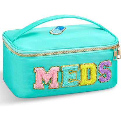 Women'S Large Capacity Makeup & Medication Organizer Bag with MEDS Lettering & Glittery Accent - Portable Travel Toiletry Case, Spacious Multi-Compartment Storage for Medication, Cosmetics, Jewelry & Accessories, Durable Fabric-like Material (Pink/Black/T