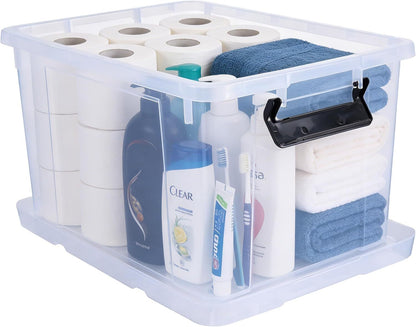 3‑Pack Clear 43L Storage Boxes with Lids & Wheels – Stackable Plastic Containers with Secure Clips and Integrated Handles for Home, Bedroom, Office & Kitchen Organisation
