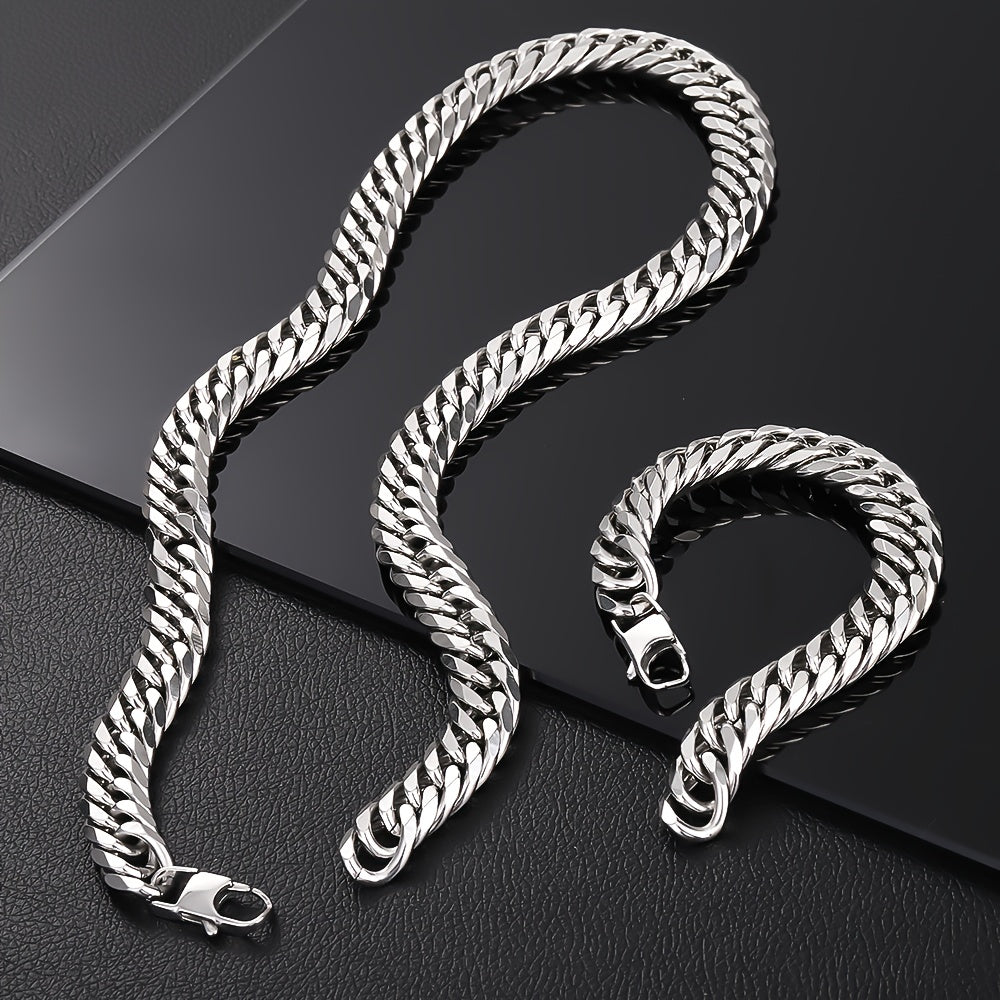 2pcs Set 13.5Mm Wide 304 304 304 Stainless Steel Bracelet And Necklace Set, Hip-Hop Trendy Cuban Chain Necklace And Bracelet Jewelry Set, Men'S And Women'S Fashion Jewelry Gifts, Exaggerated Necklace And Bracelet, Very Thick