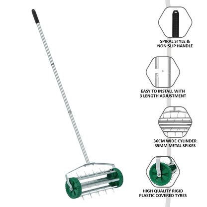 Manual Grass Spikes Roller, Garden Rolling Lawn Aerator with 3pcs Removable Metal Handle, Heavy Duty Outdoor Garden Lawn Tool, Green
