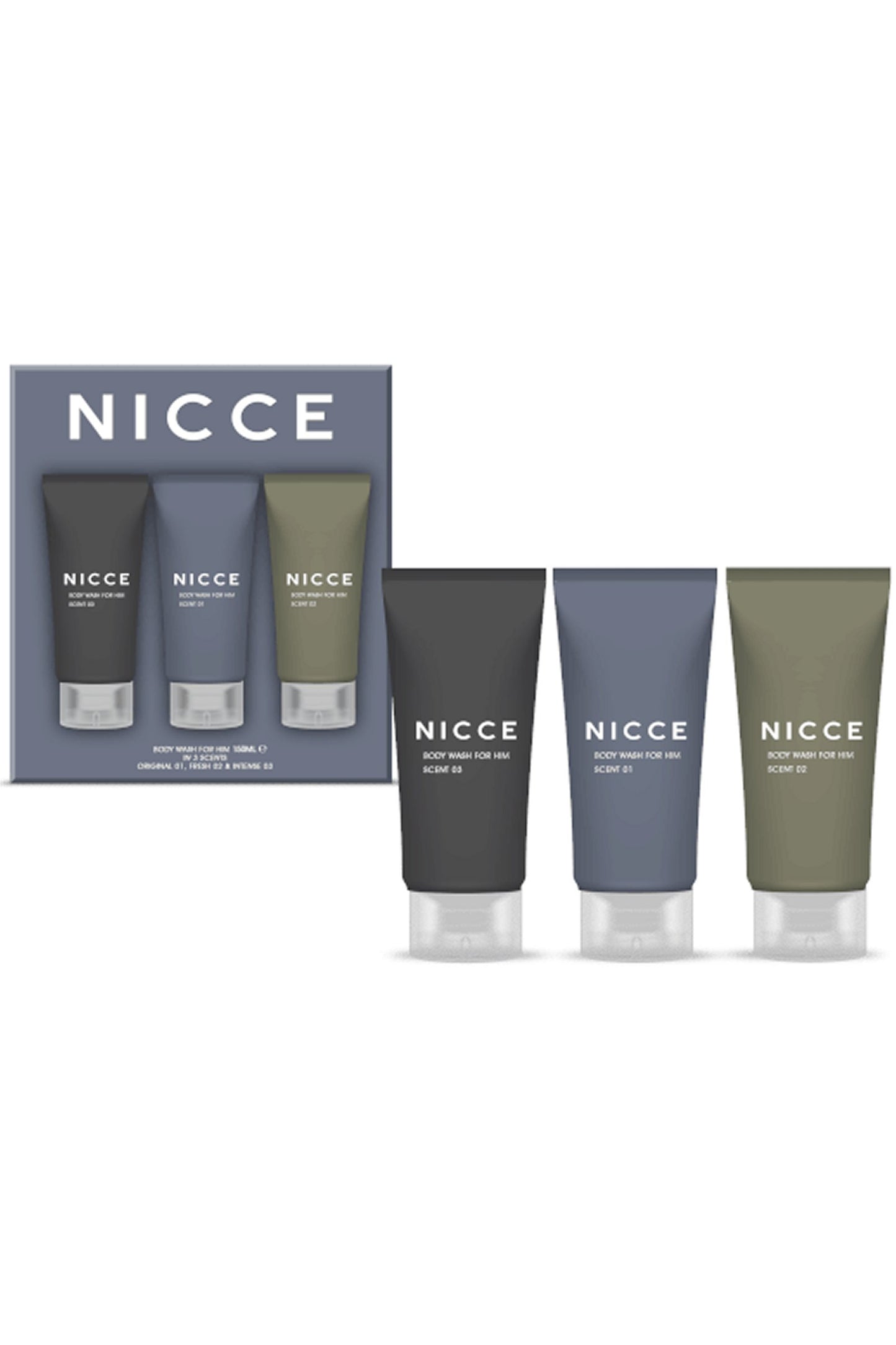 Nicce for Men Body Wash for Him Set 3 x 150ml Original#01, Fresh#02, Intense #03 Mens Gift Set