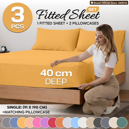 3pcs 40cm Extra Deep Fitted Sheet – Solid Color Soft & Comfortable Bed Sheet with 2pcs Matching Pillowcases, Breathable Fabric Soft Brushed Microfiber Bedding, Machine Washable for Home Bedroom, Hotel