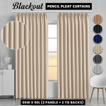 2pcs Premium Blackout Pencil Pleat Curtains – Heavy Duty Thermal Insulated Window Drapes with Matching Ties, Noise Reducing, Energy Saving & UV Blocking, Perfect for Bedroom & Living Room