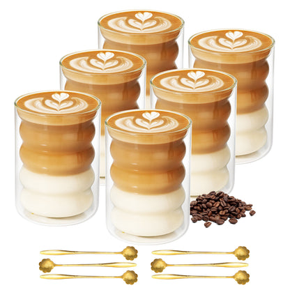 6pcs - 350ml, Latte Mocha, Double-Wall Heat-Resistant Glass Cappuccino, Latte, Tea, Coffee, Milk, Juice, Beer, Dual-Layer No-Handle Glass Cup with Built-In Spiral Lid, Perfect for Hot Beverages, Beverage Glassware, Sophisticated Drinkware, Heatresistant G