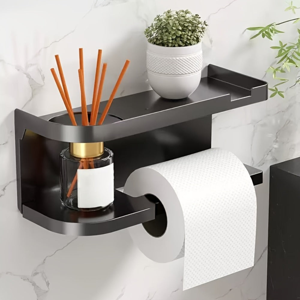 Wall-Mounted Toilet Paper Holder With Storage Shelf, No Drill Adhesive Installation, Bathroom Organizer - Space-Saving Tissue Roll Dispenser For Home Or Hotel Use