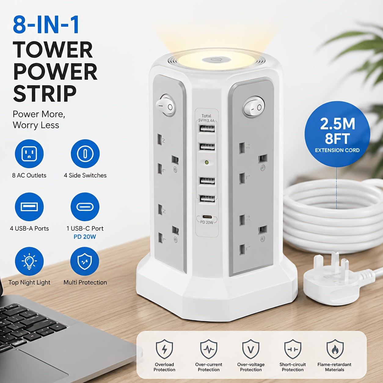 Upgraded New Product Tower Extension with USB Slots 3.02m, 20W Fast Charger with Night Light, (13A 3250W)5 USB Ports & 8 Way, Surge Protected Extension with 4 Independent Switch, Extension Cable for Home Office for Business for Factory