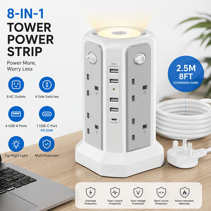 Upgraded New Product Tower Extension with USB Slots 3.02m, 20W Fast Charger with Night Light, (13A 3250W)5 USB Ports & 8 Way, Surge Protected Extension with 4 Independent Switch, Extension Cable for Home Office for Business for Factory