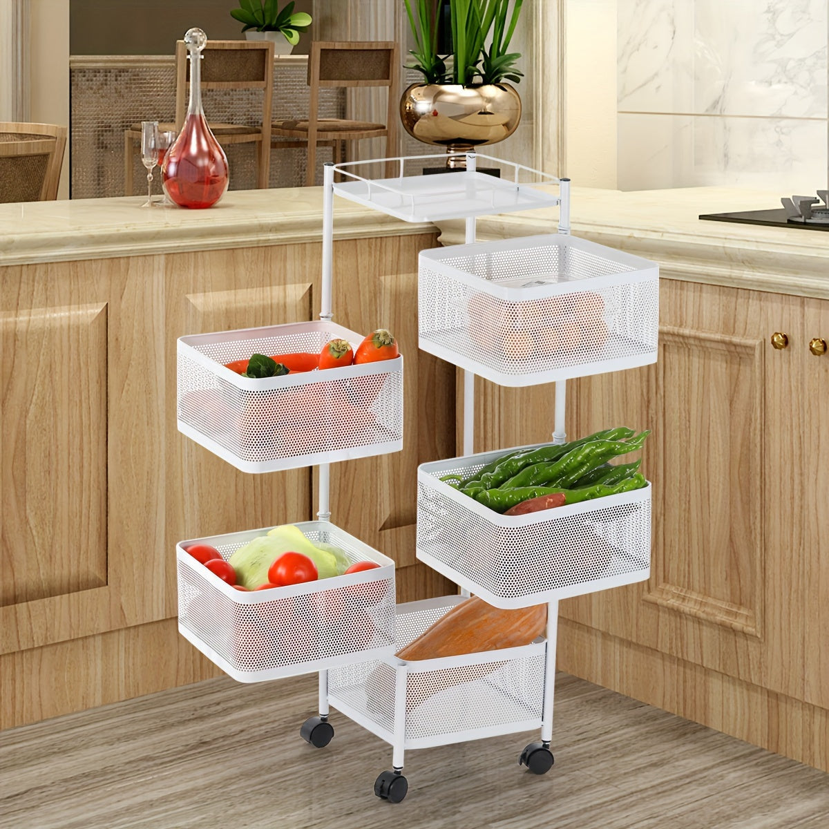 6 Tier Kitchen Rotating Storage Trolley Cart Utility Vegetable Mobile Shelf Rack