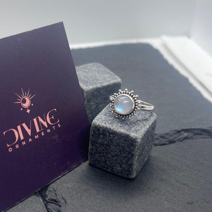 925 Sterling Silver Natural Opal / Labradorite /Moonstone/Labradorite/Amethyst /Turquoise/Chalcedony/Tigers Eye Round Flower Ring