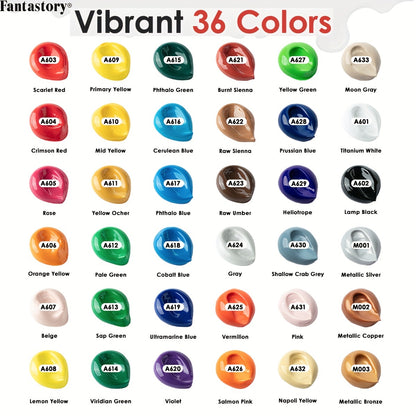Fantastory 24/36pcs Acrylic Paint Set, 24/36Classic Colors(2oz/60ml), Professional Craft Paint, Art Supplies Kit for Adults, Canvas/Fabric/Rock/Glass/Stone/Ceramic/Model/Wood Painting with 10 Brushes.