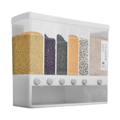 6 in1 Cereal Dispenser Dry Food Dispenser Storage Container Wall Mount Cereal Grain Rice Dispenser 6 Grid Rice Dispenser Food Bucket for Kitchen Home