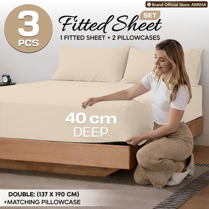 3pcs 40cm Extra Deep Fitted Sheet – Solid Color Soft & Comfortable Bed Sheet with 2pcs Matching Pillowcases, Breathable Fabric Soft Brushed Microfiber Bedding, Machine Washable for Home Bedroom, Hotel