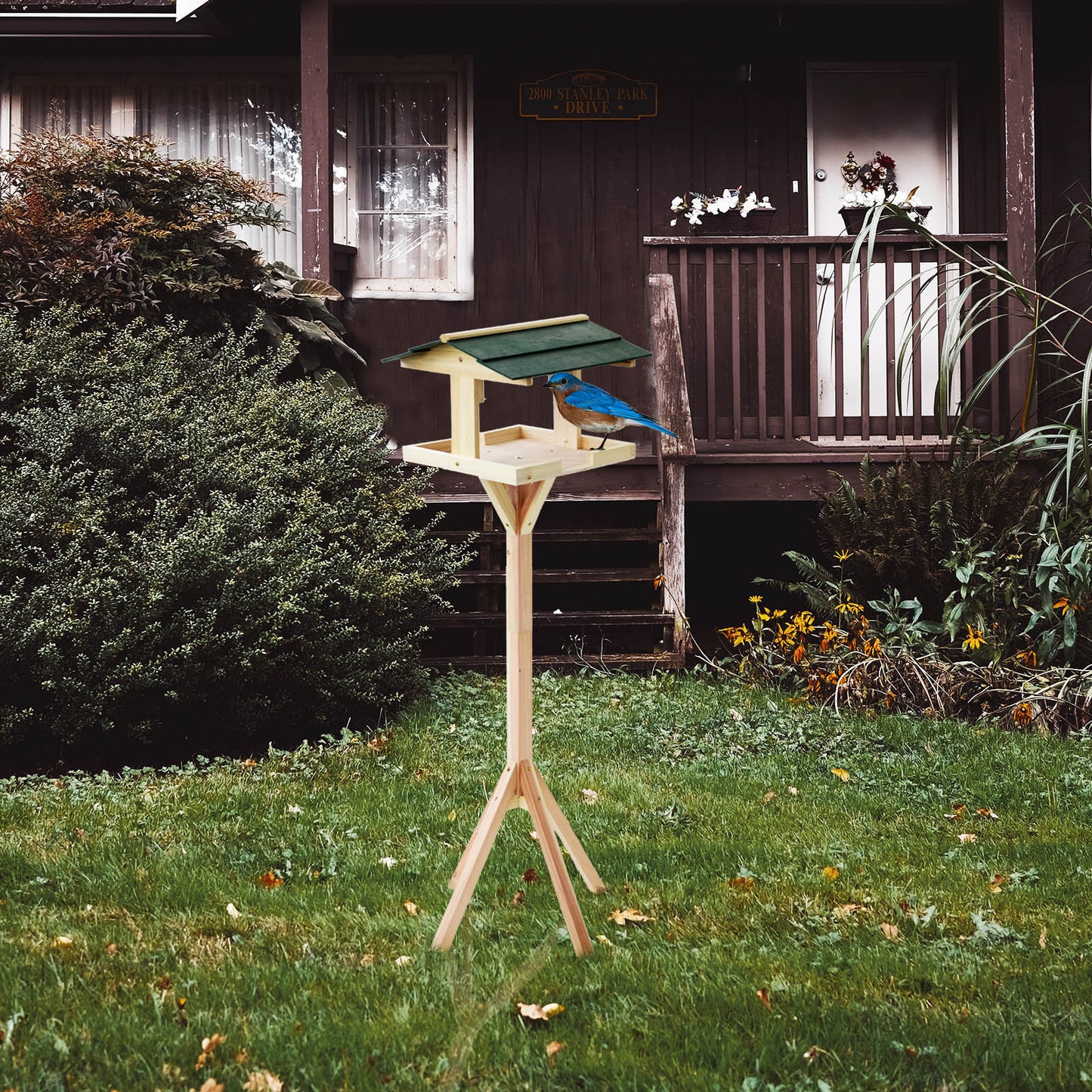 Wooden Bird Table Feeding Station - Heavy Duty Wood Bird Feeder Table for Outdoor Garden - Complete Wild Free Standing Bird Food House