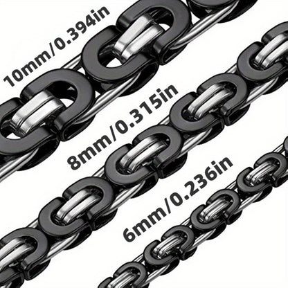 1pc Stainless Steel Black Flat Byzantine Chain Link Necklace For Men And Women, Available In 6mm, 8mm And 10mm Width And 18-28 Inches Length
