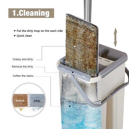 360° Microfiber Mop and Bucket Set with Squeeze Wringer – Flat Floor Mop Wet & Dry Cleaning System for Home Tiles Hardwood & Laminate Floors with Replacement Heads