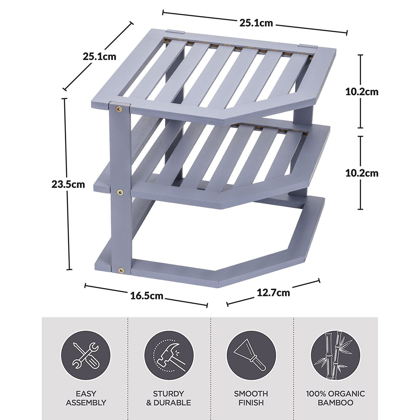Bamboo Cabinet Shelf Organiser - 3 Tier Corner Shelf for Kitchen & Bathroom Countertop Cabinet Organiser Plate Rack Tidy Cupboard Shelf Insert Storage Organisation