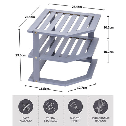 Bamboo Cabinet Shelf Organiser - 3 Tier Corner Shelf for Kitchen & Bathroom Countertop Cabinet Organiser Plate Rack Tidy Cupboard Shelf Insert Storage Organisation