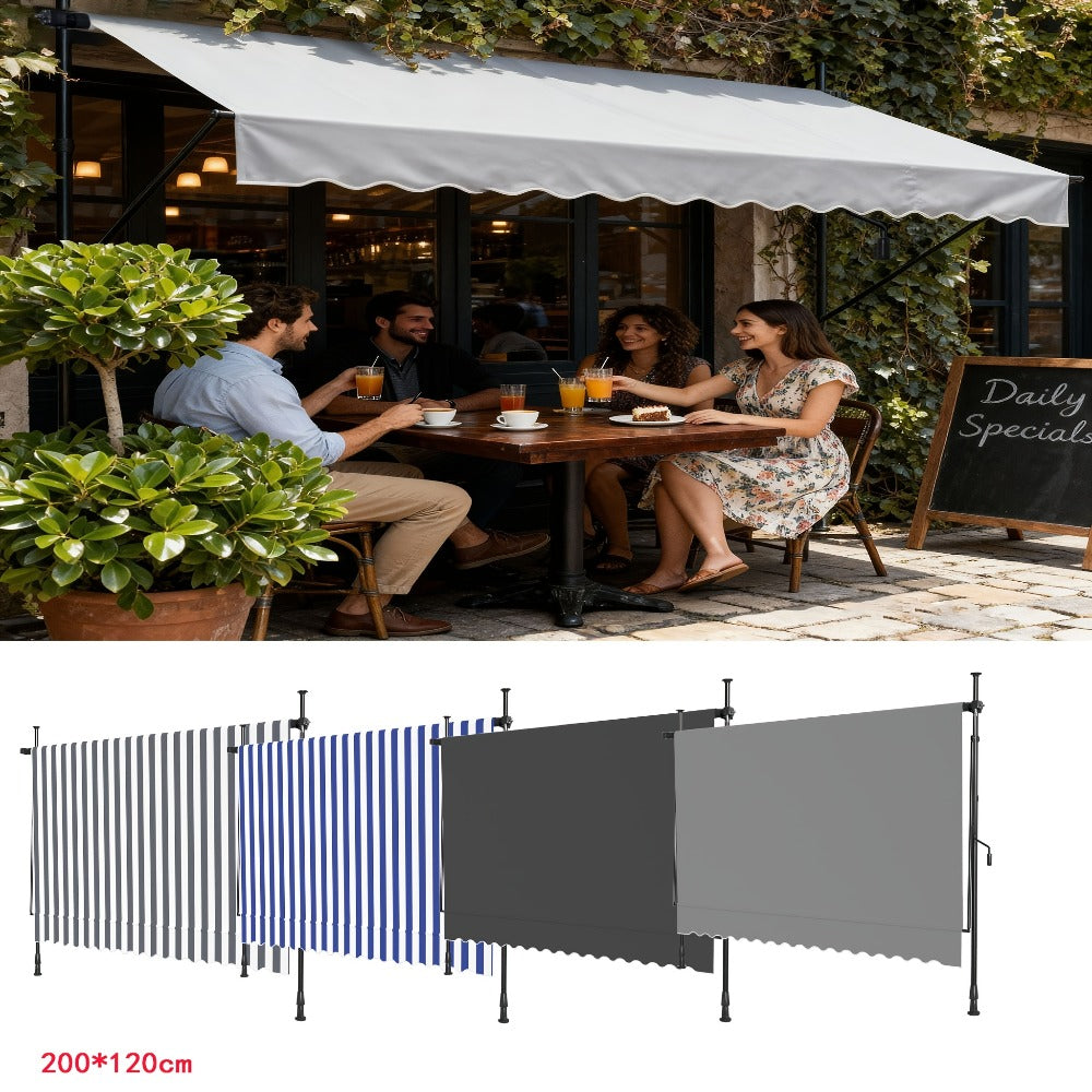 Retractable Awning 200x120cm Hand Crank | No Drilling Clamp Fit | UV Resistant 180g/m² PU Coated | 0-90° Tilt Height 1.75-3m | Patio Balcony Sun Shade | 4 Colours