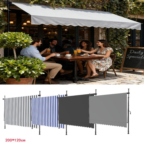 Retractable Awning 200x120cm Hand Crank | No Drilling Clamp Fit | UV Resistant 180g/m² PU Coated | 0-90° Tilt Height 1.75-3m | Patio Balcony Sun Shade | 4 Colours