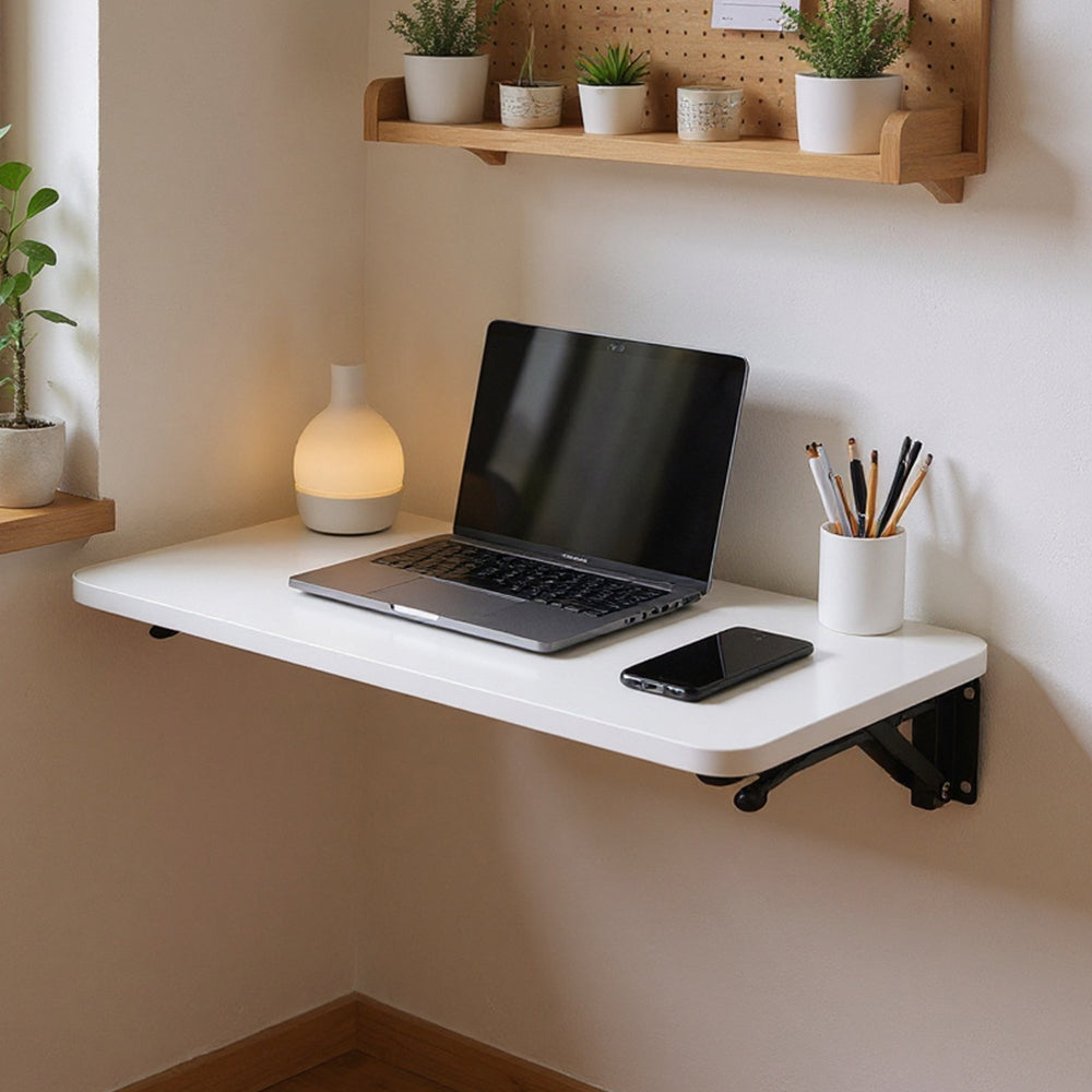 Folding Wall-Mounted Laptop Desk, Space-Saving Study and Reading Table, Metal Iron Frame Design, Durable and Sturdy Wall Desk for Home or Office, Black/White, 52x24cm / 65x24cm / 75x24cm