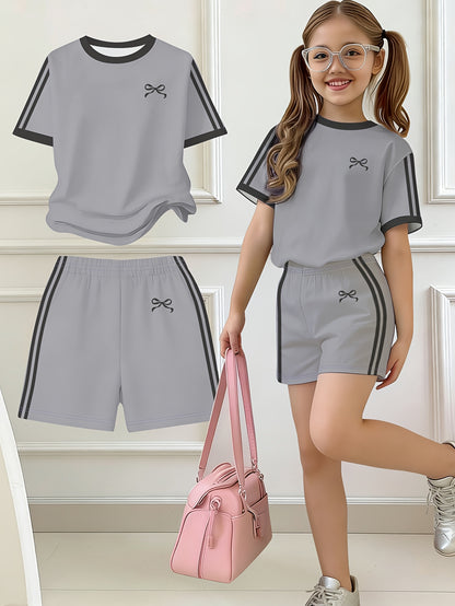 2pcs Set, Easy Bow Print Short Sleeve T-Shirt And Shorts Set, Star Style, Suitable for Spring And Summer, Back-To-School Outfit, Y2K Fashion, Campus Activities, Comfortable Casual, Fashionable And Playful, Hippie Style, Retro Sweet American Style