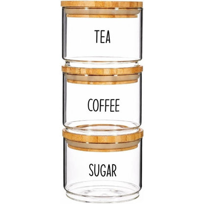 Stackable Glass Storage Jars with Airtight Bamboo Lids Set of 3 – Clear Kitchen Canisters for Tea, Coffee, Sugar & Pantry Organisation
