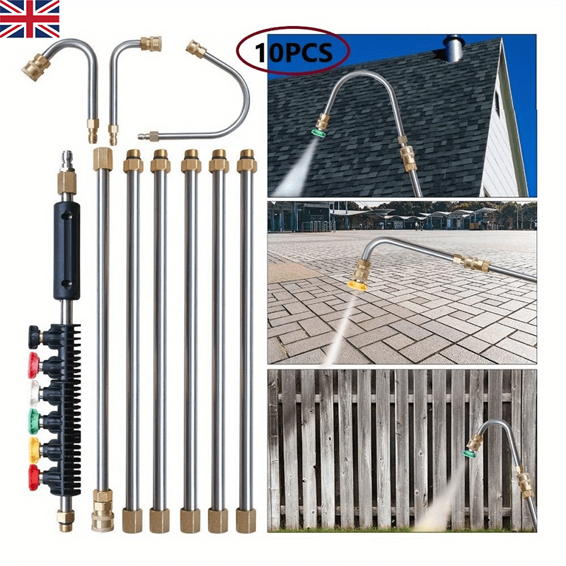 10pcs Stainless Steel Pressure Washer Extension Pole Set- Pressure Washer Extension Pole - 4000 PSI- 1/4In Quick Connect, 6 Nozzle Heads, 30?/90?/120? Elbow Pole for Roofs, Gutters, Ditches, Exterior Walls, Can Be Used to Clean Your Car