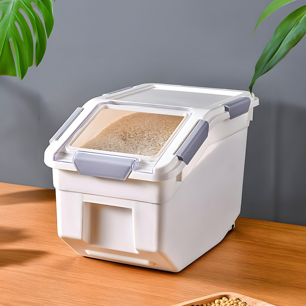 Rice Dispenser 10kg with Scoop, PP Rice Storage Container with Lid & Wheels for Dog & Cat Food, Flour, Cereal, Nuts, Beans, Kitchen Storage Box, Grey/ Green, 35*20*26CM