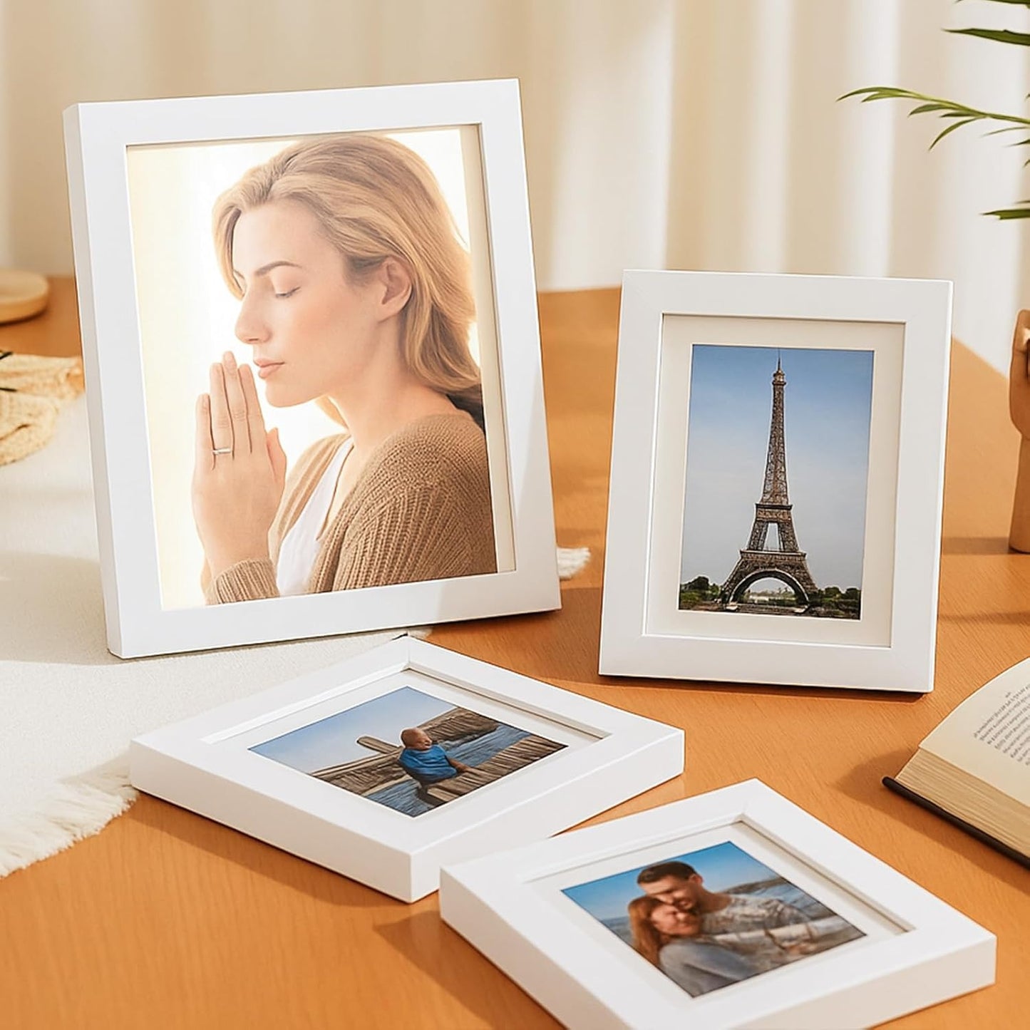 19 Pcs Wooden Photo Frame Set, Multi Size Picture Frames with Stand & Wall Hooks, Tabletop or Wall Mounted Display