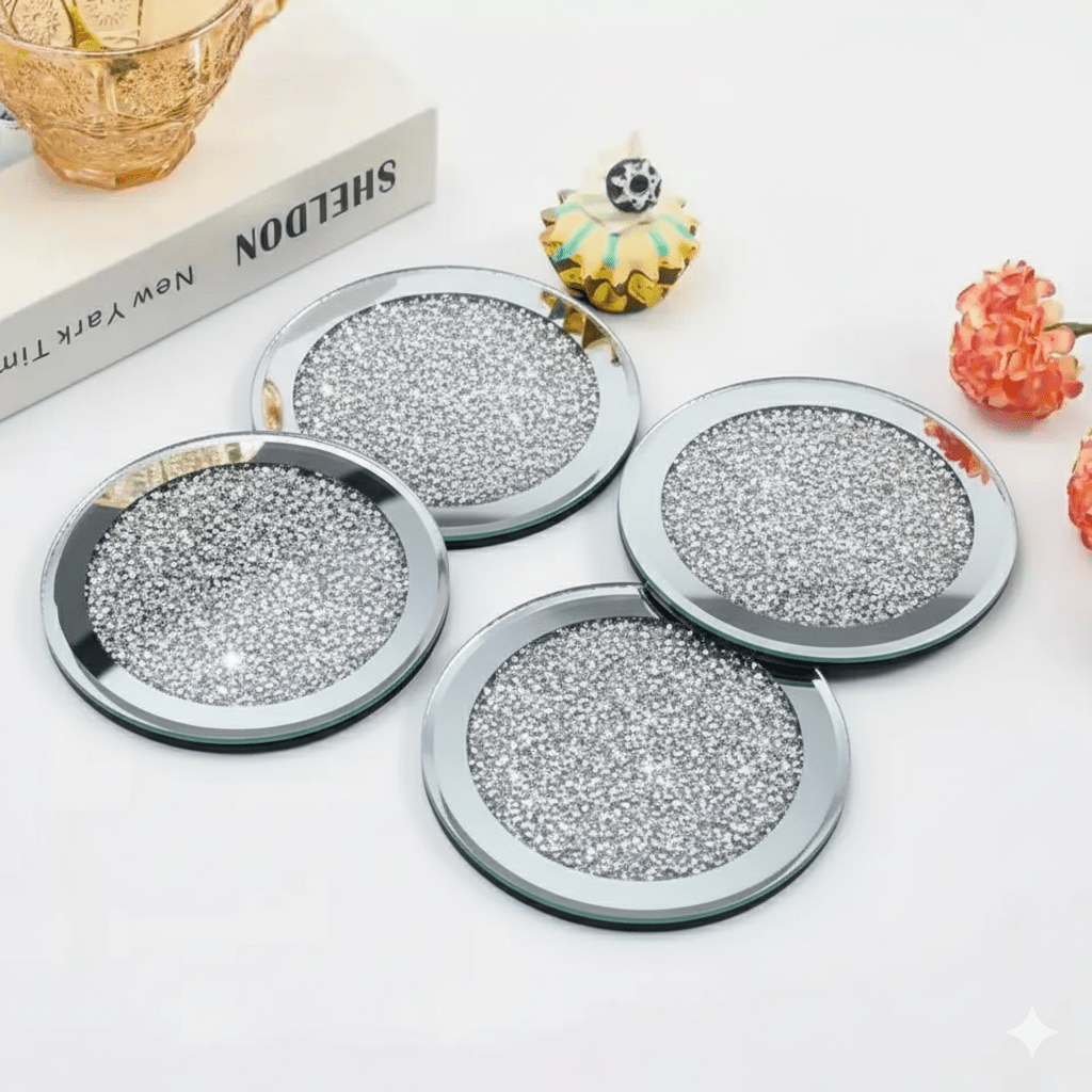 Serena's® Set of 4 Crystal Coasters – 10cm Glass Mirrored Drink Coasters with Glitter Crushed Diamond Design – Elegant Coasters for Home, Kitchen, Bar, or Table Decoration