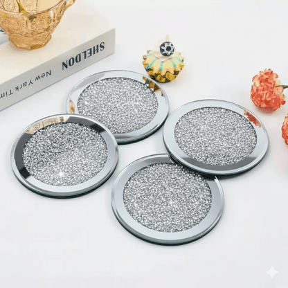 Serena's® Set of 4 Crystal Coasters – 10cm Glass Mirrored Drink Coasters with Glitter Crushed Diamond Design – Elegant Coasters for Home, Kitchen, Bar, or Table Decoration