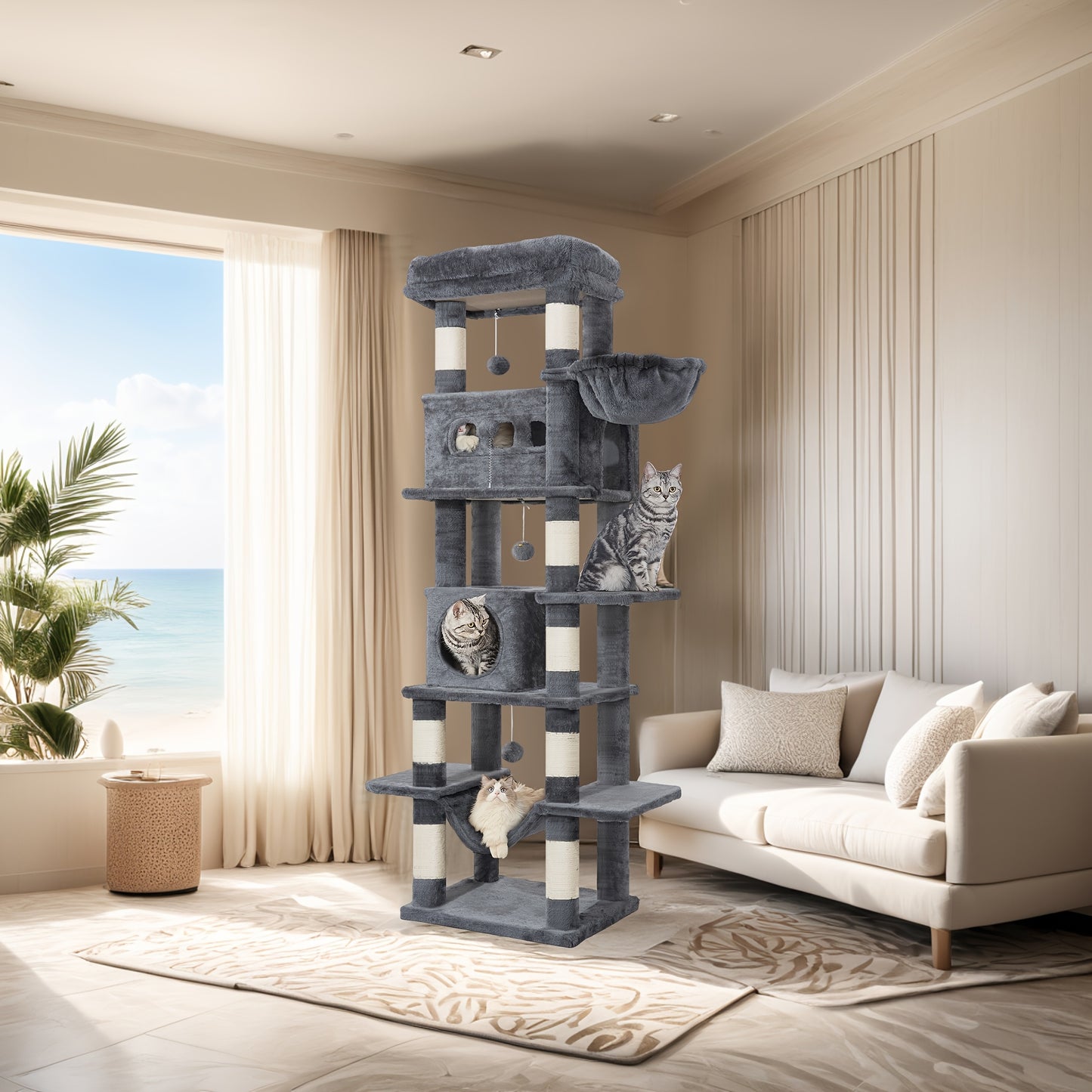 210 Cm Large Cat Scratching Post, Cat Tower For Maine Cats, Large Cats, Multi-Level Scratching Post With Large Perch, Washable Mat, Cat House Furniture With 2 Caves, 8 Scratching Posts, Dark Grey