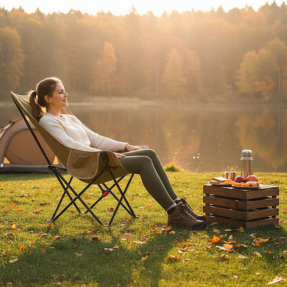 Portable High-Back Moon Chair (Three-Position Adjustment) Seat or Recline, Side Storage Pocket,Foldable Outdoor Chair Camping Picnic Lounger, Midday Rest Fishing Chair, Garden Seat Three Colours Available (Complimentary Storage Bag)