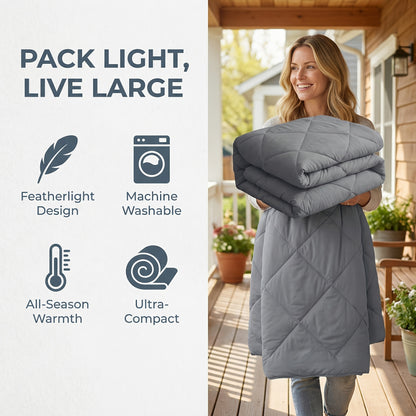 All Season Lightweight Packable Camping Blanket, Portable Outdoor Travel Quilt, Soft Cozy Warm Comforter for Hiking Grey